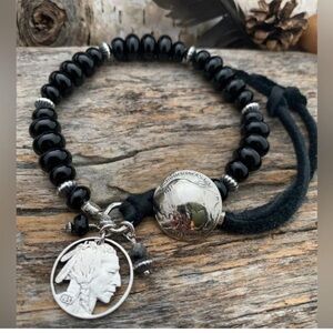 Black Beaded Bracelet with Silver Coin Charm